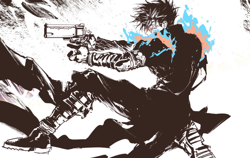 1boy boots coat earrings full_body glasses greyscale gun highres holding holding_gun holding_weapon jewelry long_coat long_sleeves male_focus monochrome on_one_knee pants profile revolver round_eyewear sakanaokashi short_hair single_earring solo spot_color trigun vash_the_stampede weapon