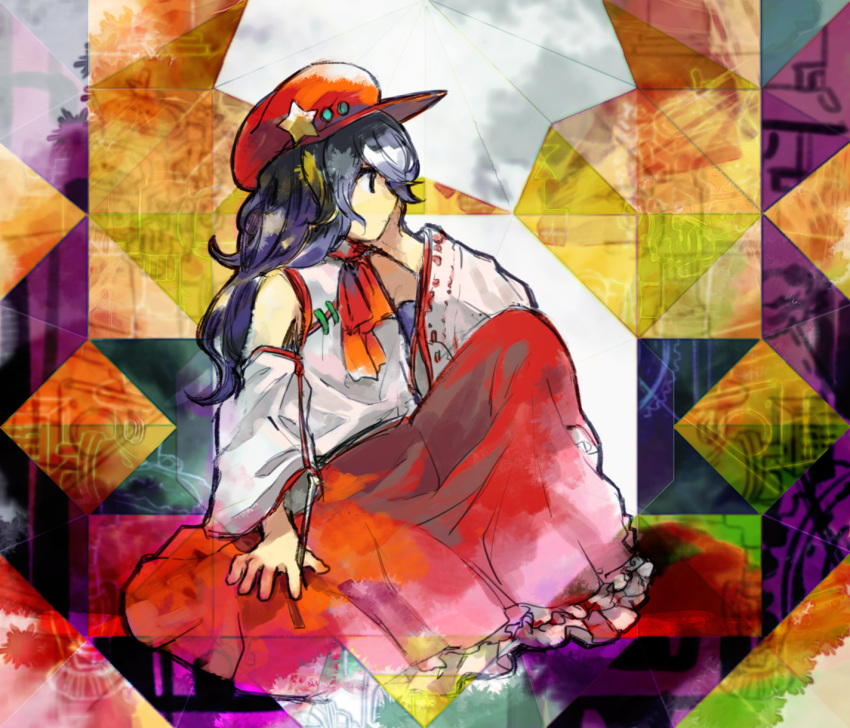 1girl abstract_background bare_shoulders detached_sleeves dolls_in_pseudo_paradise frilled_skirt frills hand_on_own_face highres kaigen_1025 label_girl_(dipp) long_hair long_sleeves looking_to_the_side multicolored_background neck_ribbon purple_hair red_headwear red_ribbon red_skirt ribbon sitting skirt solo stake touhou vest violet_eyes white_sleeves white_vest wide_sleeves zun_(style)