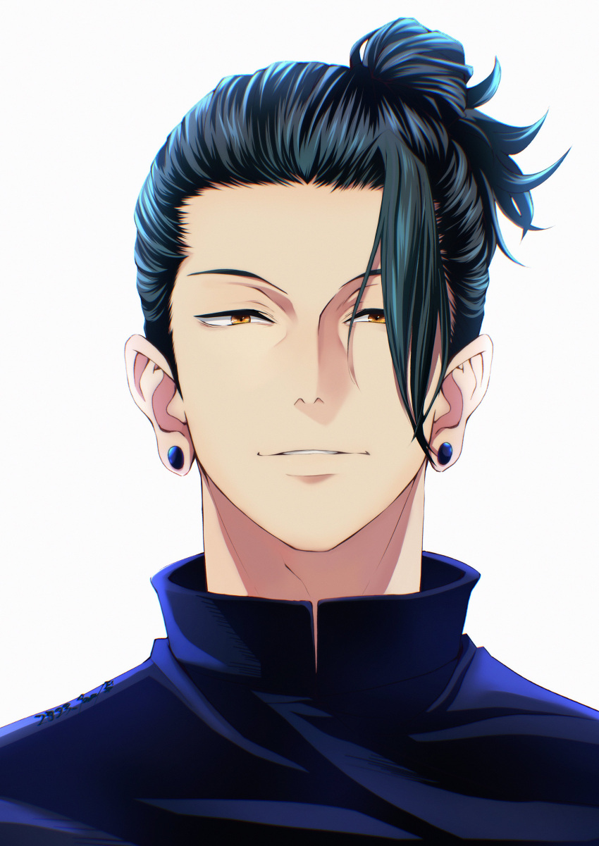 1boy absurdres asymmetrical_bangs black_hair black_jacket brown_eyes collared_jacket commentary_request dated getou_suguru hair_bun hair_pulled_back highres jacket jewelry jujutsu_kaisen looking_at_viewer male_focus may_(illust_man_2020) parted_lips piercing plug_(piercing) signature simple_background single_hair_bun smile solo upper_body white_background