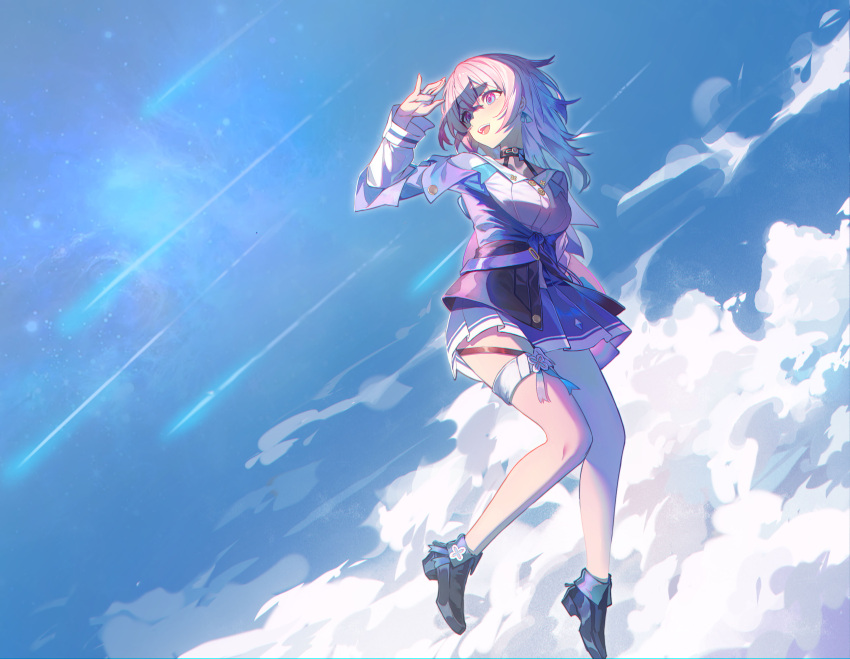 1girl :d absurdres ankle_boots bare_legs black_choker black_corset black_footwear blue_eyes blue_jacket blue_skirt blue_sky boots breasts buttons choker clouds corset earrings full_body hair_between_eyes high_heel_boots high_heels highres honkai:_star_rail honkai_(series) jacket jewelry long_sleeves looking_afar looking_ahead march_7th_(honkai:_star_rail) medium_breasts medium_hair meteor_shower miniskirt open_mouth pink_eyes pink_hair pleated_skirt qingli_green romaji_commentary shading_eyes shirt skirt sky smile solo teeth thigh_strap two-tone_eyes white_shirt