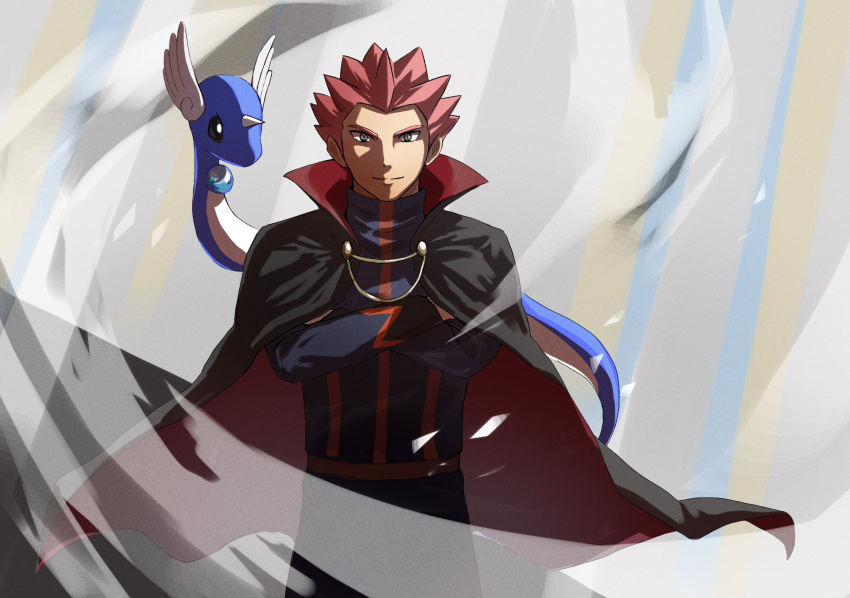 1boy black_cape cape closed_mouth commentary_request crossed_arms dragonair grey_eyes highres imasara_maki jacket lance_(pokemon) long_sleeves looking_at_viewer male_focus pokemon pokemon_(game) pokemon_hgss popped_collar redhead short_hair smile spiky_hair split_mouth