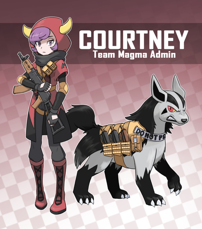 1girl belt black_gloves black_pants boots character_name courtney_(pokemon) english_text fingerless_gloves gloves gun highres holding holding_gun holding_weapon hood horned_hood horns knee_boots looking_at_viewer mightyena pants pokemon pokemon_(creature) pokemon_(game) pokemon_oras purple_hair red_footwear short_hair thegraffitisoul violet_eyes weapon