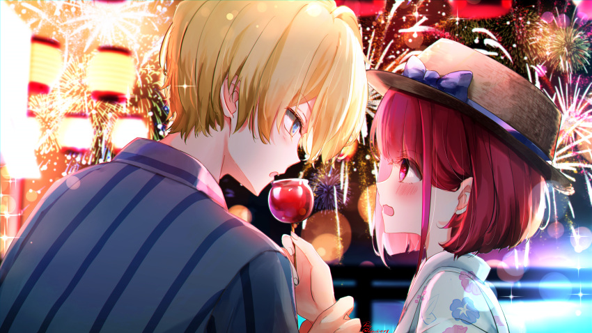 1boy 1girl absurdres aerial_fireworks arima_kana blonde_hair blue_bow blue_eyes blue_kimono blurry blurry_background blush bob_cut bokeh bow brown_headwear candy_apple chromatic_aberration commentary depth_of_field eye_contact fireworks floral_print food hair_behind_ear hat hat_bow highres holding holding_another's_wrist holding_food hoshino_aquamarine japanese_clothes kimono lantern lilac10 looking_at_another no_pupils open_mouth oshi_no_ko red_eyes short_hair sparkle star-shaped_pupils star_(symbol) summer_festival symbol-shaped_pupils twitter_username wavy_mouth white_kimono yukata