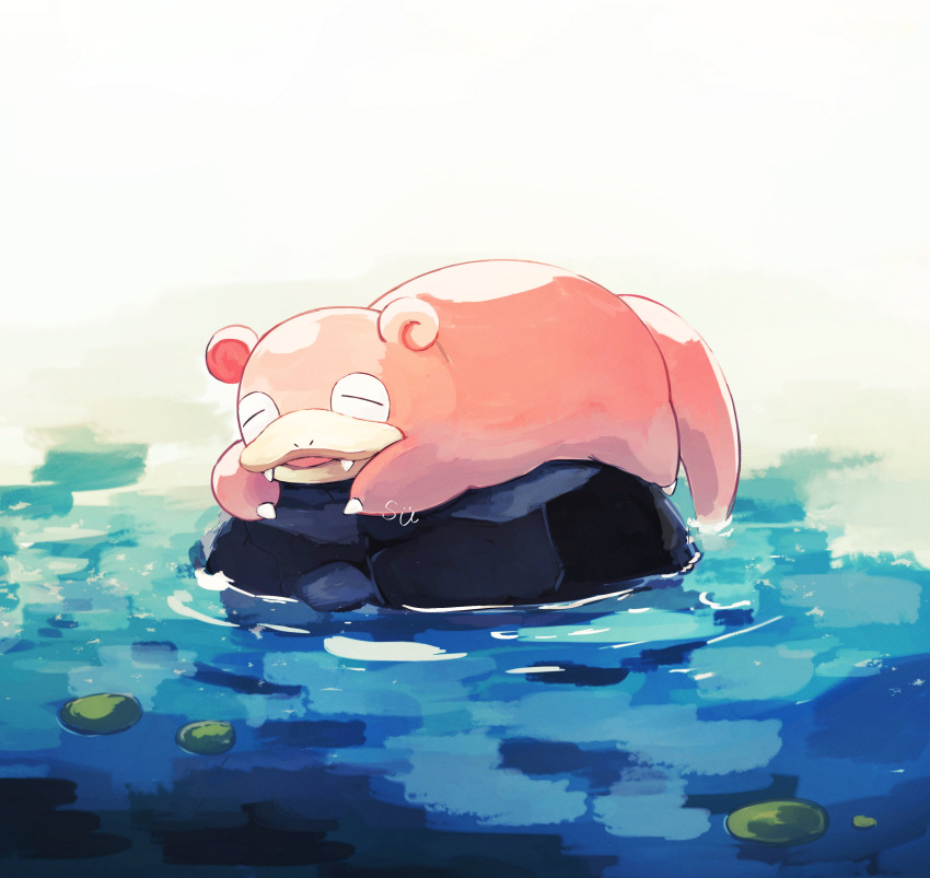 absurdres highres initial lily_pad lying no_humans on_stomach open_mouth pokemon pokemon_(creature) rock slowpoke solo su_(sajo_su5) water watermark