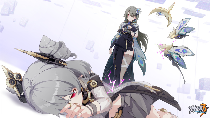 2girls black_dress black_gloves black_headwear chinese_commentary closed_mouth dress drill_hair gloves grey_hair grey_skirt hair_over_one_eye highres honkai_(series) honkai_impact_3rd joints logo long_hair looking_at_another multiple_girls official_art official_wallpaper on_floor prometheus_(honkai_impact) red_eyes skirt sparkle spoilers standing thigh-highs vita_(honkai_impact) white_background yellow_pupils