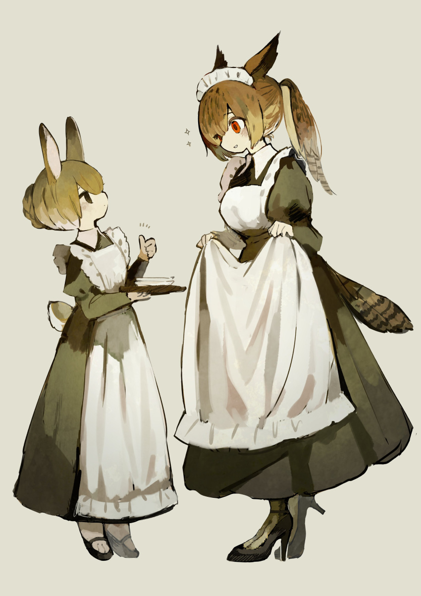 2girls absurdres animal_ears apron apron_lift bird_tail black_dress black_eyes black_footwear blush breasts brown_hair collared_dress commentary_request dot_mouth dress hair_between_eyes high_heels highres holding holding_plate looking_at_another maid maid_headdress multicolored_hair multiple_girls original owl_ears owl_girl plate ponytail rabbit_ears rabbit_girl rabbit_tail red_eyes sakutake_(ue3sayu) short_hair smile tail thumbs_up