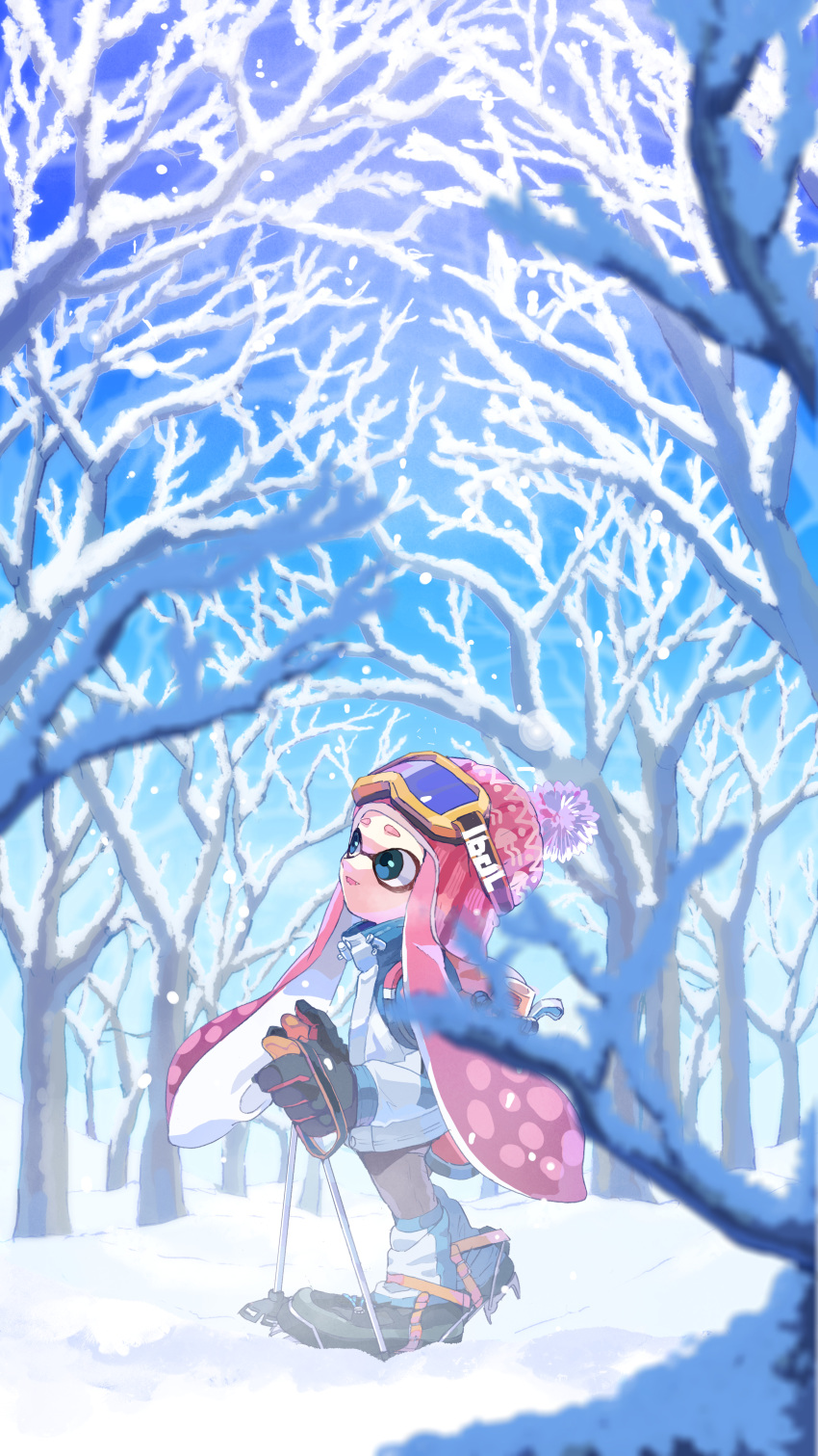 1girl :d absurdres bare_tree beanie black_footwear black_gloves blue_jacket blue_sky blurry blurry_foreground boots brown_pants commentary_request day fang gloves goggles goggles_on_headwear green_eyes hat highres holding holding_ski_pole ink_tank_(splatoon) inkling inkling_girl jacket long_hair long_sleeves loose_socks multicolored_clothes multicolored_jacket open_mouth outdoors pants pink_hair pink_headwear red_gloves shiohi short_eyebrows sidelocks ski_goggles ski_pole sky smile snow snowing socks solo spiked_footwear splatoon_(series) standing tentacle_hair tree two-tone_gloves white_jacket winter