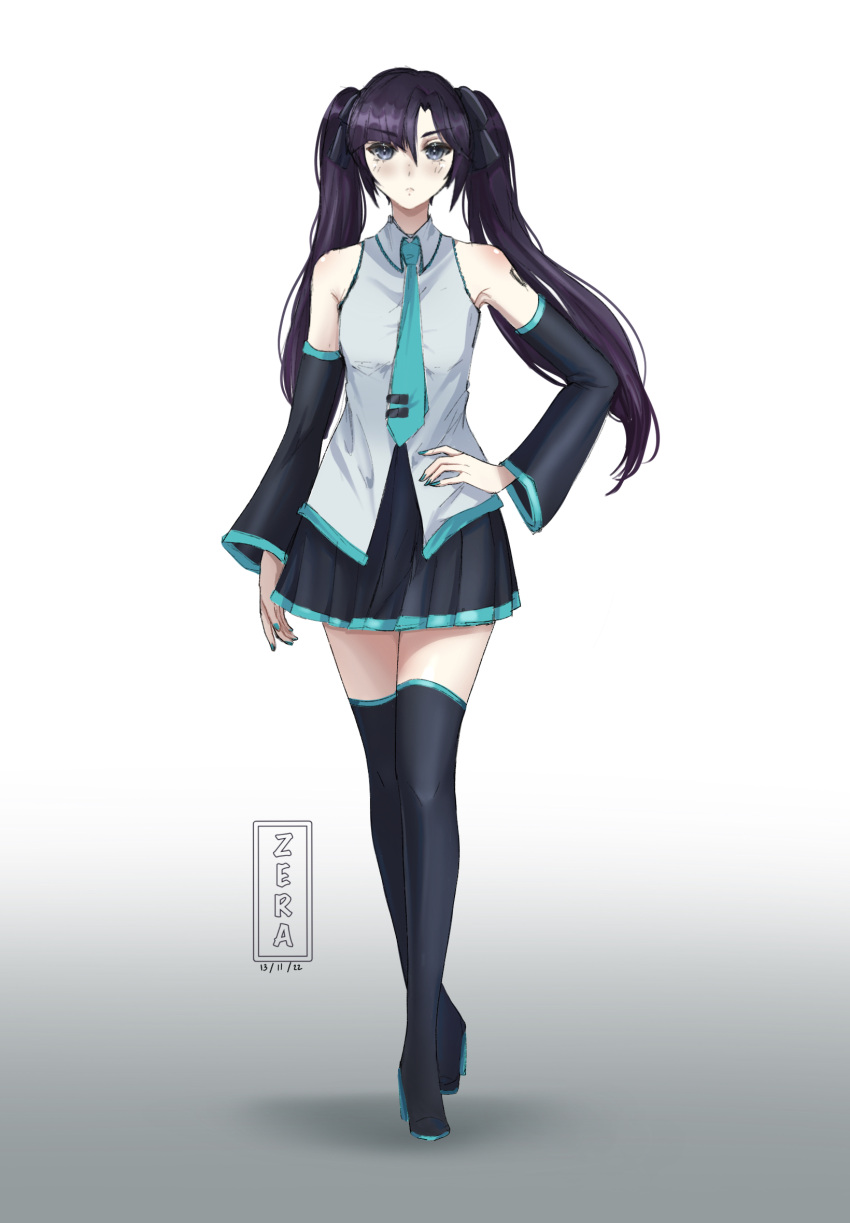 1girl aqua_necktie artist_logo bare_shoulders boots cosplay dated detached_sleeves expressionless full_body genshin_impact gradient_background hand_on_own_hip hatsune_miku hatsune_miku_(cosplay) high_heel_boots high_heels highres long_hair looking_at_viewer mona_(genshin_impact) necktie pleated_skirt purple_hair simple_background skirt sleeveless solo standing thigh_boots twintails vocaloid zer_0a zettai_ryouiki