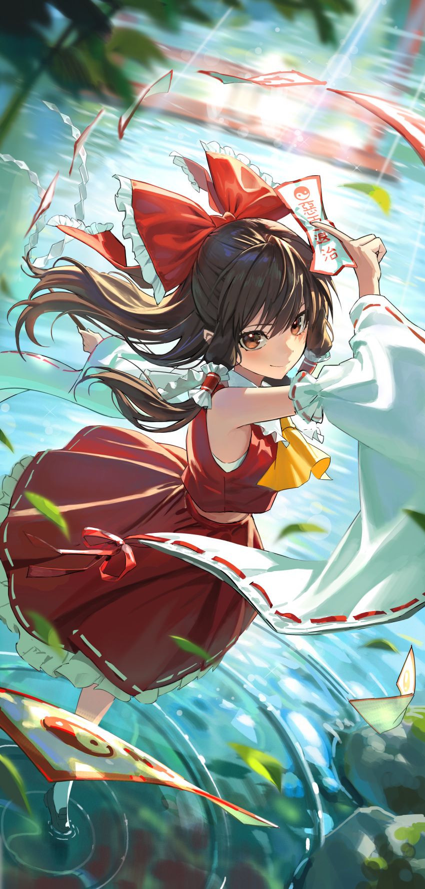 1girl absurdres ascot bare_shoulders bow brown_eyes brown_hair butyou_(mika1412) detached_sleeves frilled_skirt frills gohei hair_bow hair_tubes hakurei_reimu highres holding holding_gohei japanese_clothes long_hair nontraditional_miko ofuda red_bow red_skirt reflection reflective_water ribbon-trimmed_sleeves ribbon_trim sidelocks skirt solo touhou water white_sleeves wide_sleeves yellow_ascot