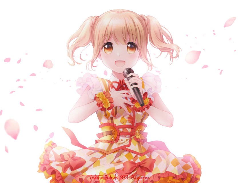 1girl :d blonde_hair bow brown_hair cowboy_shot dress dress_bow falling_petals flower frilled_dress frills fukuda_fukutarou hand_on_own_chest holding holding_microphone idol idoly_pride kawasaki_sakura_(idoly_pride) looking_at_viewer microphone open_mouth orange_dress orange_eyes petals plaid plaid_dress short_hair short_sleeves simple_background smile solo twintails white_background wrist_cuffs