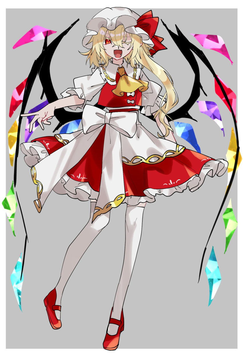 1girl ascot blonde_hair border bow collared_shirt crystal fangs flandre_scarlet frilled_shirt_collar frilled_skirt frilled_sleeves frills full_body grey_background hair_between_eyes hat hat_ribbon highres long_hair looking_at_viewer mary_janes miko_(miko030751) mob_cap one-hour_drawing_challenge one_side_up open_mouth outside_border puffy_short_sleeves puffy_sleeves red_eyes red_footwear red_ribbon red_skirt red_vest ribbon shirt shoes short_sleeves skirt skirt_set slit_pupils smile solo thick_eyebrows touhou vest waist_bow white_border white_bow white_headwear white_shirt wings yellow_ascot