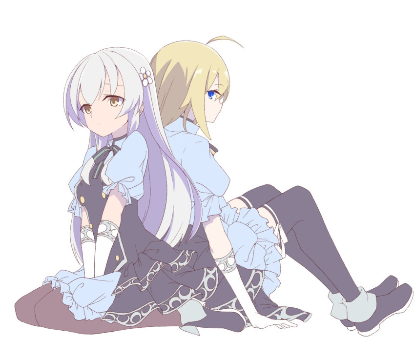 2girls ahoge amano_soraha arm_at_side assault_lily back-to-back black_dress black_footwear black_ribbon black_thighhighs blonde_hair blue_dress blue_eyes brown_pantyhose closed_mouth dress egawa_kusumi elbow_gloves flower frilled_dress frilled_sleeves frills from_side full_body gloves green_ribbon grey_hair gumoyu hair_flower hair_ornament hand_on_lap long_hair looking_ahead looking_at_viewer looking_to_the_side multiple_girls neck_ribbon pantyhose profile puffy_short_sleeves puffy_sleeves ribbon shoes short_sleeves sideways_glance simple_background sitting striped striped_ribbon thigh-highs two-tone_dress two-tone_ribbon very_long_hair wariza white_background white_flower white_gloves yellow_eyes yellow_ribbon