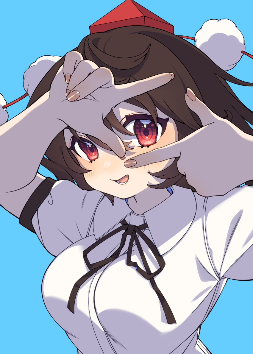 1girl absurdres black_hair blue_background blush breasts collared_shirt e_sdss fingernails hair_between_eyes hat highres large_breasts open_mouth pom_pom_(clothes) red_eyes red_headwear shameimaru_aya shirt short_hair short_sleeves simple_background smile solo tokin_hat touhou upper_body white_shirt