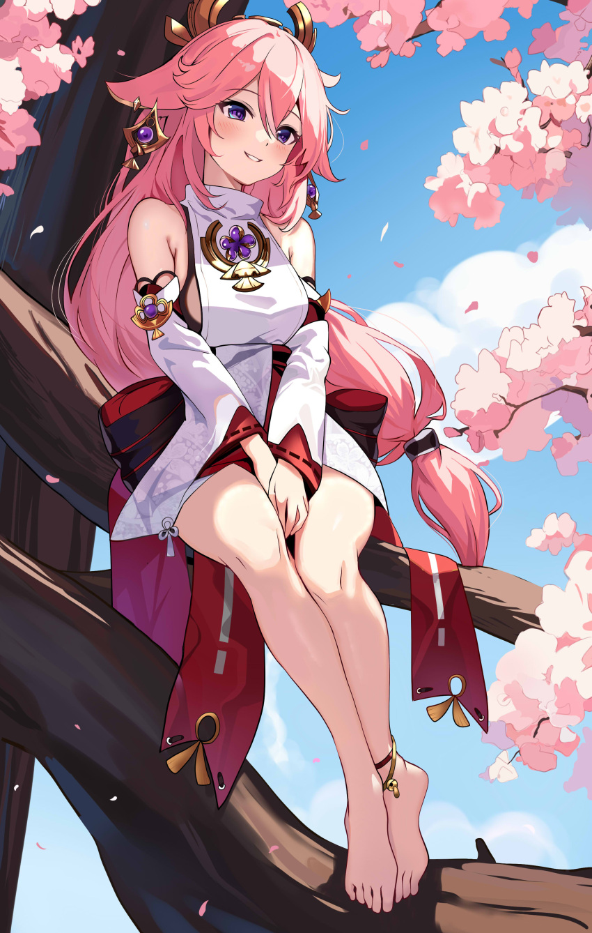 1girl absurdres anklet bare_legs barefoot blush cherry_blossoms day detached_sleeves floating_hair full_body gem genshin_impact grin hair_between_eyes hair_ornament highres in_tree japanese_clothes jewelry kimono long_hair long_sleeves low-tied_long_hair outdoors pink_hair purple_gemstone short_kimono sitting sitting_in_tree sleeveless sleeveless_kimono smile solo spring_(season) tree very_long_hair violet_eyes white_kimono white_sleeves wide_sleeves yabu_q yae_miko