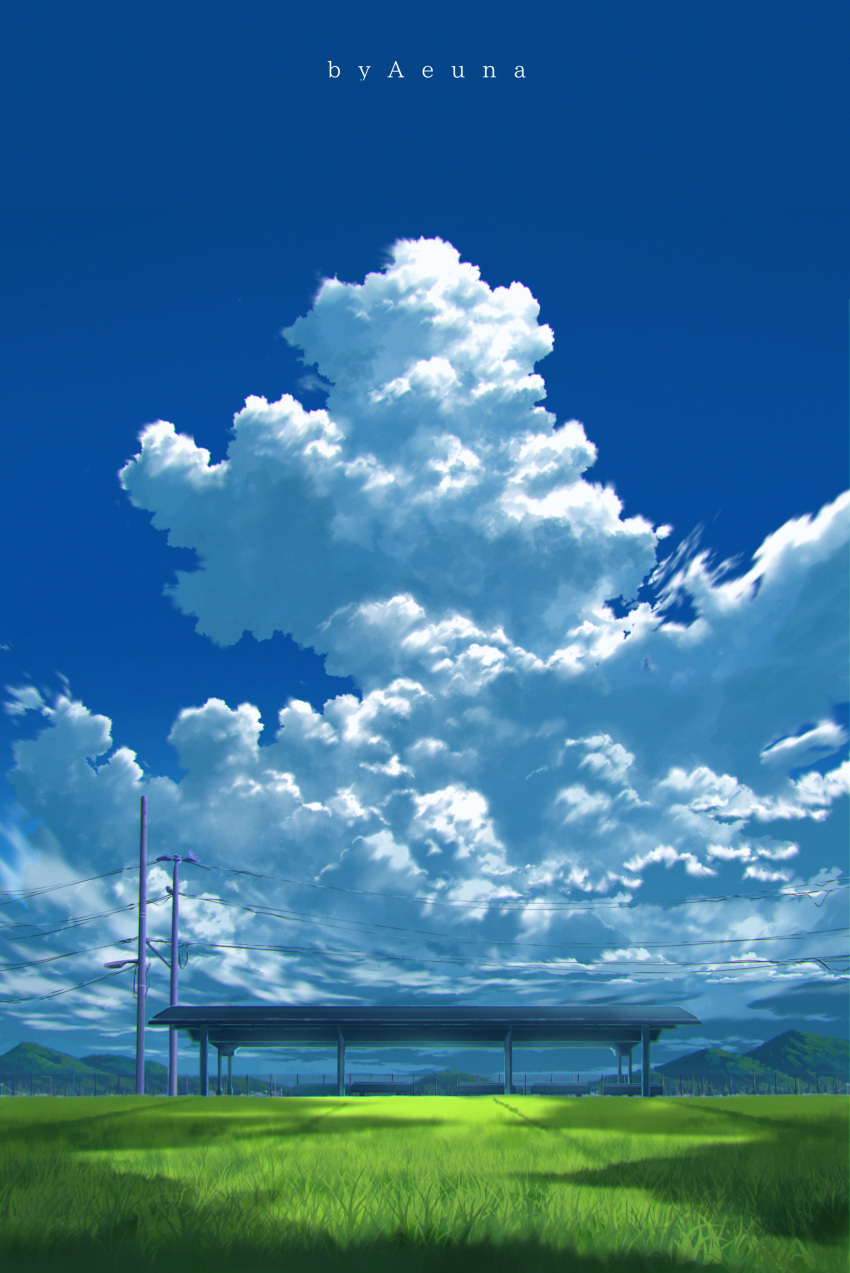 absurdres aeuna bench blue_sky clouds commentary_request cumulonimbus_cloud day fence field grass highres lamppost mountain mountainous_horizon original outdoors power_lines rural scenery shadow sky train_station utility_pole