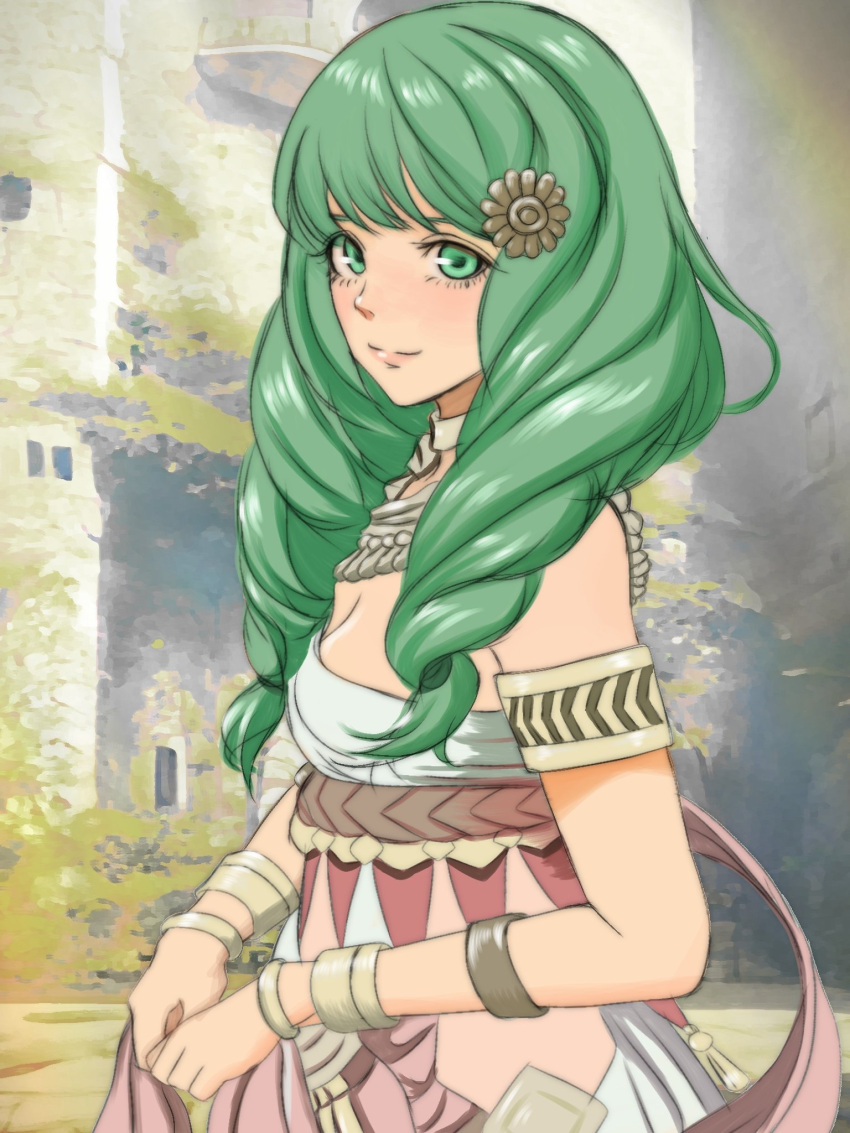 1girl alternate_costume bare_shoulders breasts dancer_(three_houses) drill_hair fire_emblem fire_emblem:_three_houses flayn_(fire_emblem) green_eyes green_hair hair_ornament hairclip highres looking_at_viewer mayan_someya medium_breasts outdoors solo swept_bangs twin_drills twintails