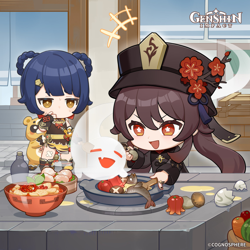 2girls absurdres bell bell_pepper black_footwear black_nails blue_hair boo_tao_(genshin_impact) bottle bowl braid brown_hair carrot chibi commentary cooking copyright_name cracked_egg dot_nose english_commentary fish flower food genshin_impact guoba_(genshin_impact) hair_ornament hair_rings hairclip hat hat_flower hat_ornament highres holding holding_food hu_tao_(genshin_impact) indoors jewelry long_hair long_sleeves low_twintails multiple_girls mushroom nail_polish no_mouth official_art open_mouth ring standing steam sweat sweatdrop symbol-shaped_pupils tassel twintails v-shaped_eyebrows vision_(genshin_impact) xiangling_(genshin_impact)