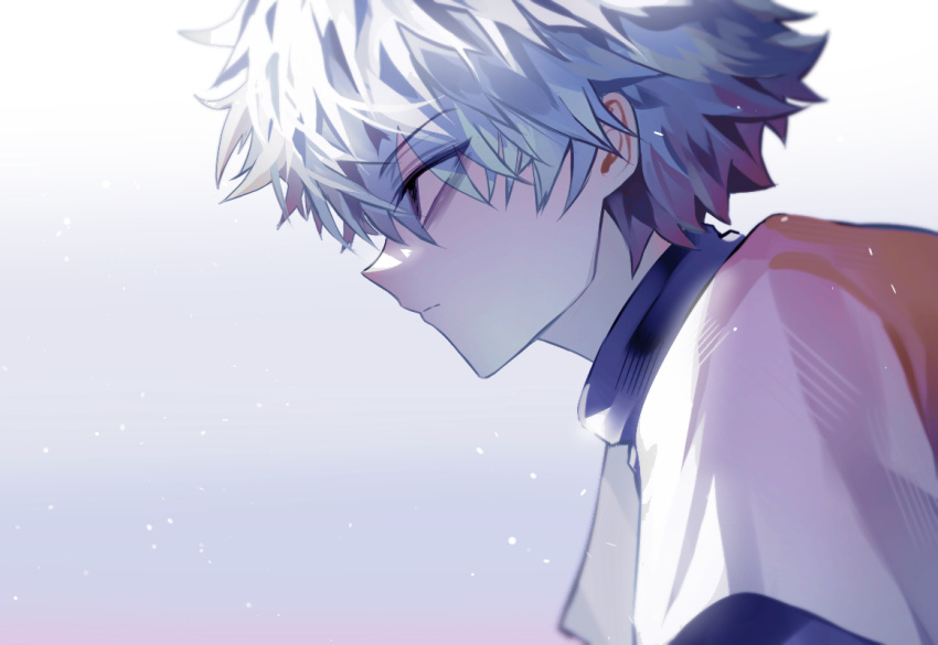 1boy hunter_x_hunter killua_zoldyck layered_sleeves long_sleeves male_child male_focus onun profile shirt short_hair short_over_long_sleeves short_sleeves simple_background solo upper_body white_background white_hair white_shirt