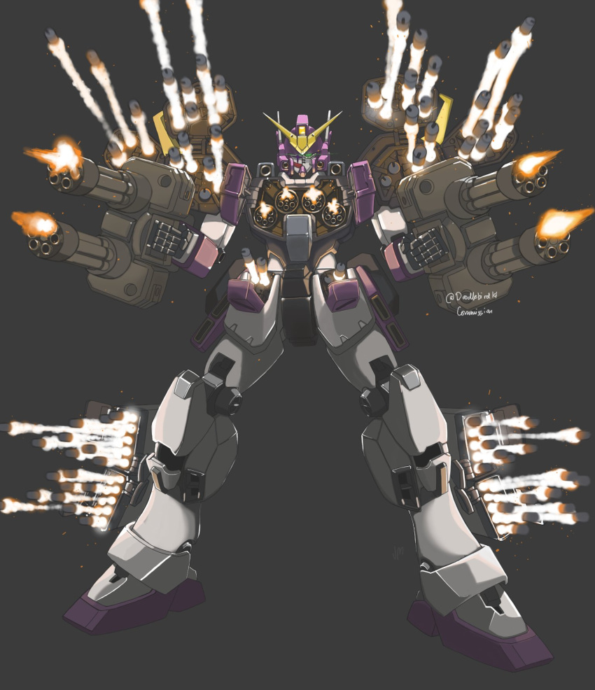 alternate_color chain_gun commentary commission doodlebird14 dual_wielding english_commentary firing glowing glowing_eye green_eyes grey_background gun gundam gundam_heavyarms_custom gundam_wing gundam_wing_endless_waltz half_mask highres holding holding_gun holding_weapon itano_circus legs_apart mask mecha missile mobile_suit no_humans robot science_fiction simple_background solo standing twitter_username v-fin weapon