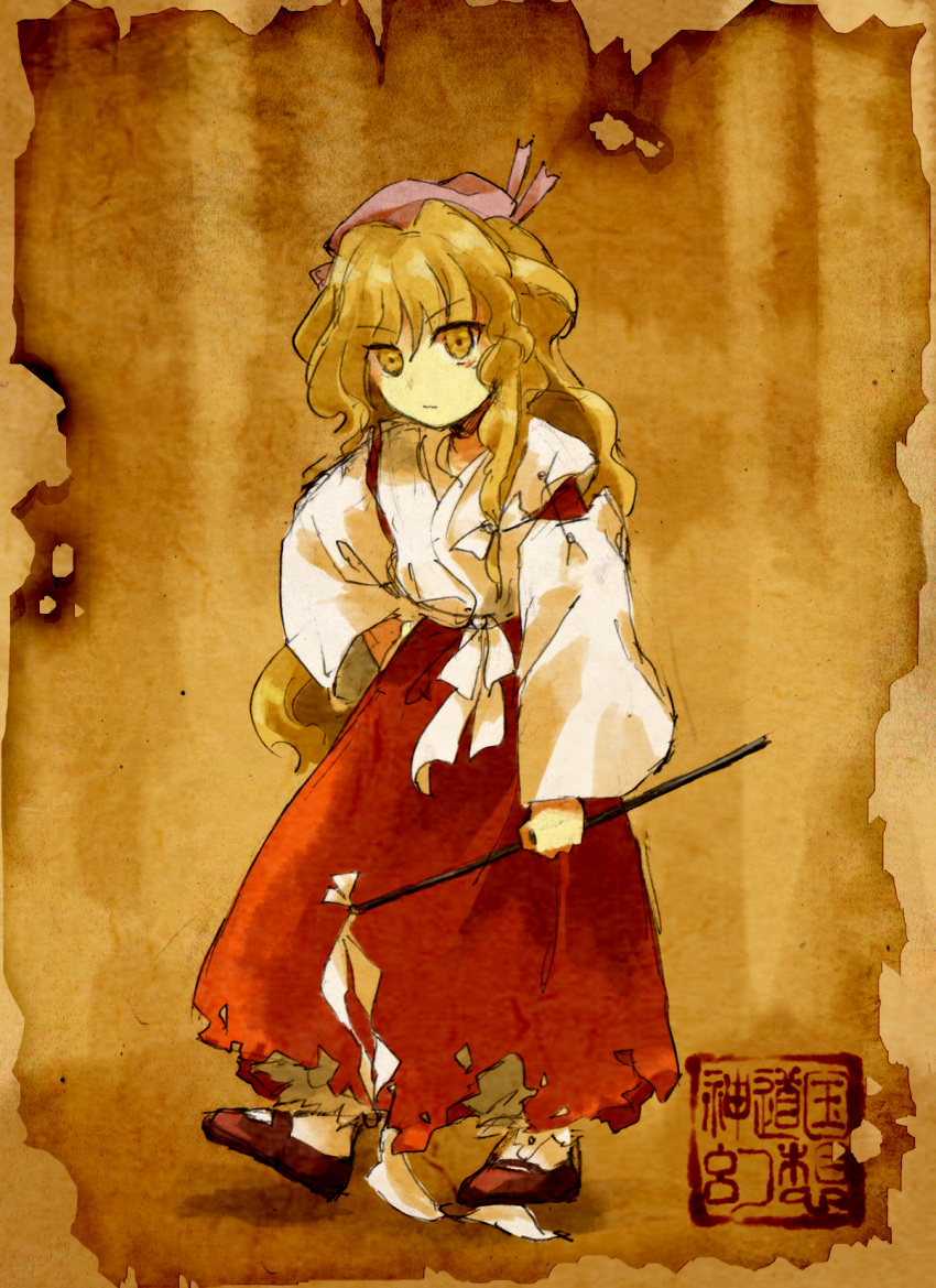 1girl blonde_hair detached_sleeves expressionless gohei hakama highres hourai_girl_(touhou) japanese_clothes kaigen_1025 kimono long_hair long_skirt mary_janes miko pink_headwear portrait_of_exotic_girls red_footwear red_hakama red_skirt ribbon sash shoes skirt solo touhou very_long_hair white_kimono white_ribbon white_sash yellow_eyes zun_(style)