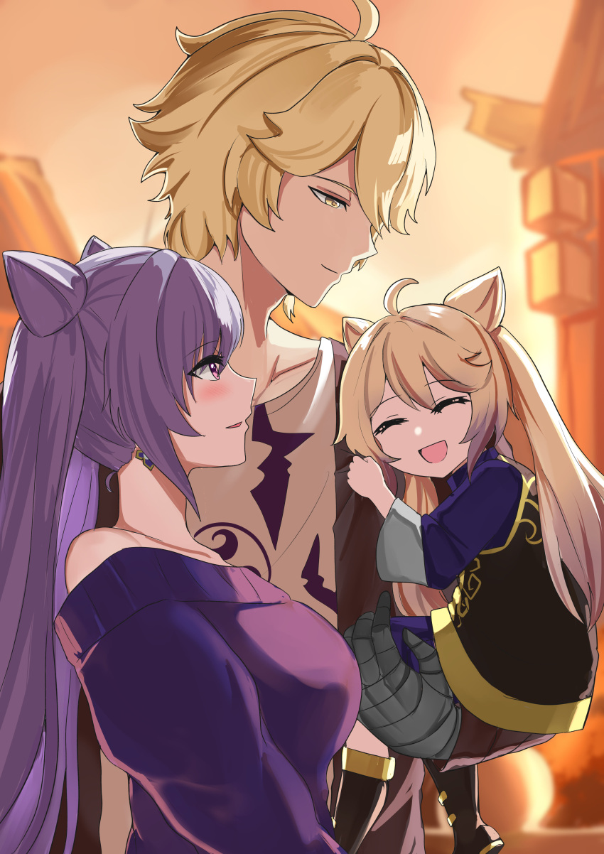 1boy 2girls absurdres aether_(genshin_impact) aged_up ahoge bandaged_hand bandages bare_shoulders blonde_hair breasts brown_jacket carrying child_carry cone_hair_bun double_bun earrings family female_child genshin_impact hair_bun hair_ears hetero highres husband_and_wife if_they_mated jacket jewelry keqing_(genshin_impact) long_hair long_sleeves looking_at_another medium_breasts multiple_girls open_mouth purple_hair purple_sweater smile sweater tian_kazuki twintails violet_eyes yellow_eyes