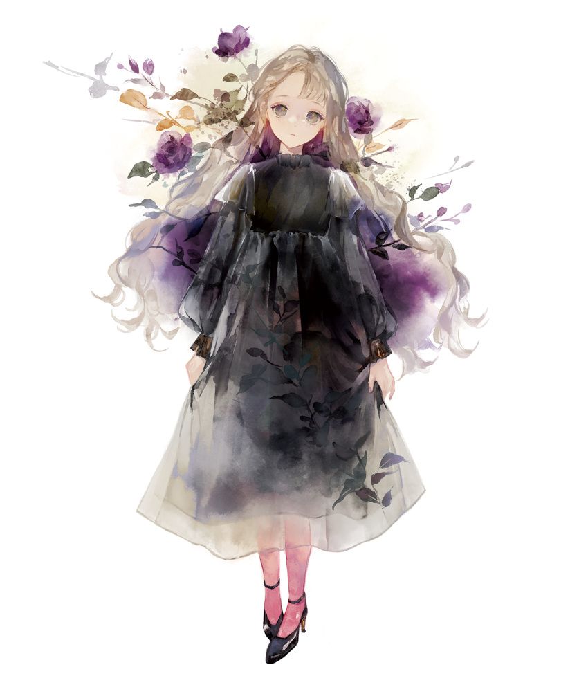 1girl arms_at_sides black_dress black_footwear closed_mouth commentary dress expressionless flower full_body grey_eyes grey_hair head_tilt high_heels highres long_dress long_hair long_sleeves looking_at_viewer niwa_haruki original pantyhose parted_bangs pink_pantyhose purple_flower see-through see-through_dress sidelocks simple_background solo straight-on symbol-only_commentary white_background
