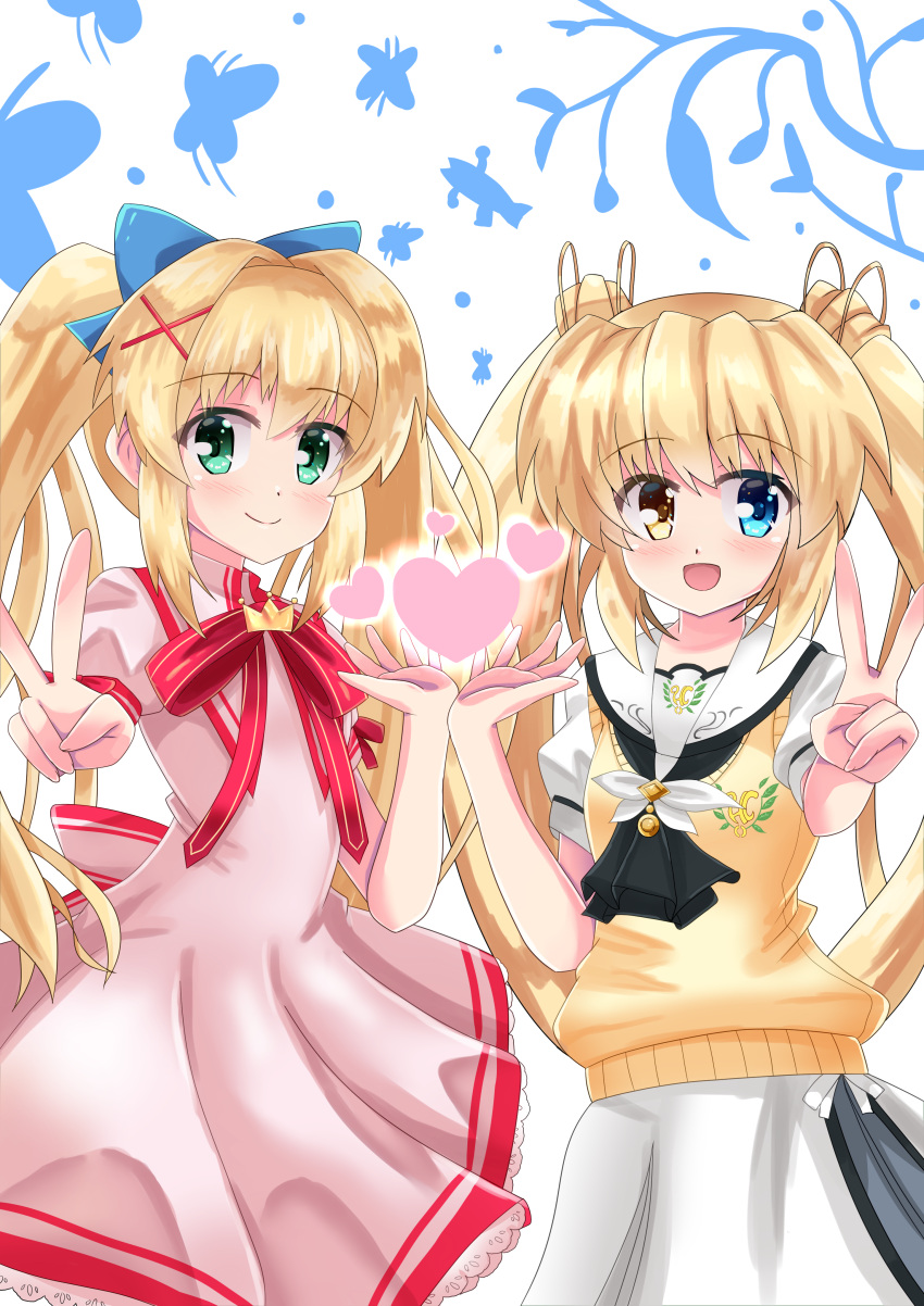 2girls :d absurdres artist_name ascot black_ascot blonde_hair blue_bow blue_eyes blush bow breasts closed_mouth color_connection colored_eyelashes commentary_request company_connection cosplay costume_switch cowboy_shot dress eyes_visible_through_hair floating_hair frilled_dress frills green_eyes hair_bow hair_color_connection hair_intakes hair_ornament hairstyle_connection hands_up heart heterochromia highres kazamatsuri_institute_high_school_uniform key_(company) long_hair looking_at_viewer minatoto multiple_girls nakatsu_shizuru open_mouth pink_dress puffy_short_sleeves puffy_sleeves rewrite ribbon sailor_collar school_uniform shirt short_sleeves simple_background skirt small_breasts smile standing straight-on summer_pockets sweater_vest tsumugi_wenders twintails v very_long_hair white_background white_sailor_collar white_shirt white_skirt x_hair_ornament yellow_eyes yellow_sweater_vest