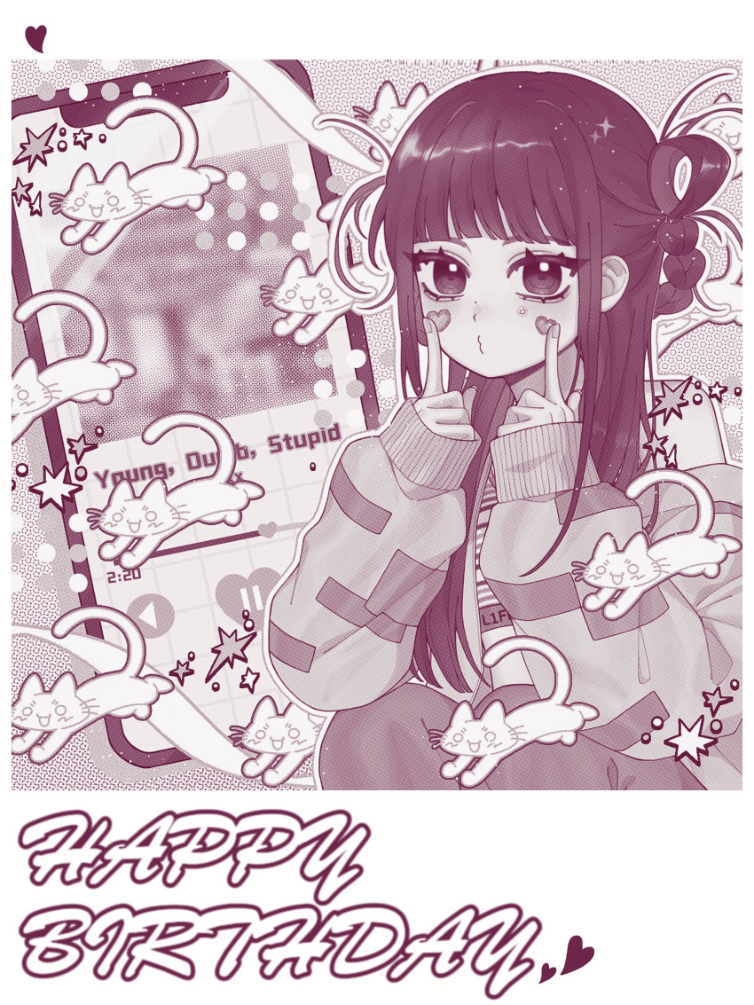 1girl absurdres border cat cellphone finger_to_own_chin greyscale hair_behind_ear hair_rings happy_birthday heart heart_stickers highres jacket kyujin_(nmixx) long_hair monochrome nmixx o_bianyi_didi_shu_o off_shoulder pants phone real_life shirt sleeveless sleeveless_shirt smartphone song_name white_border