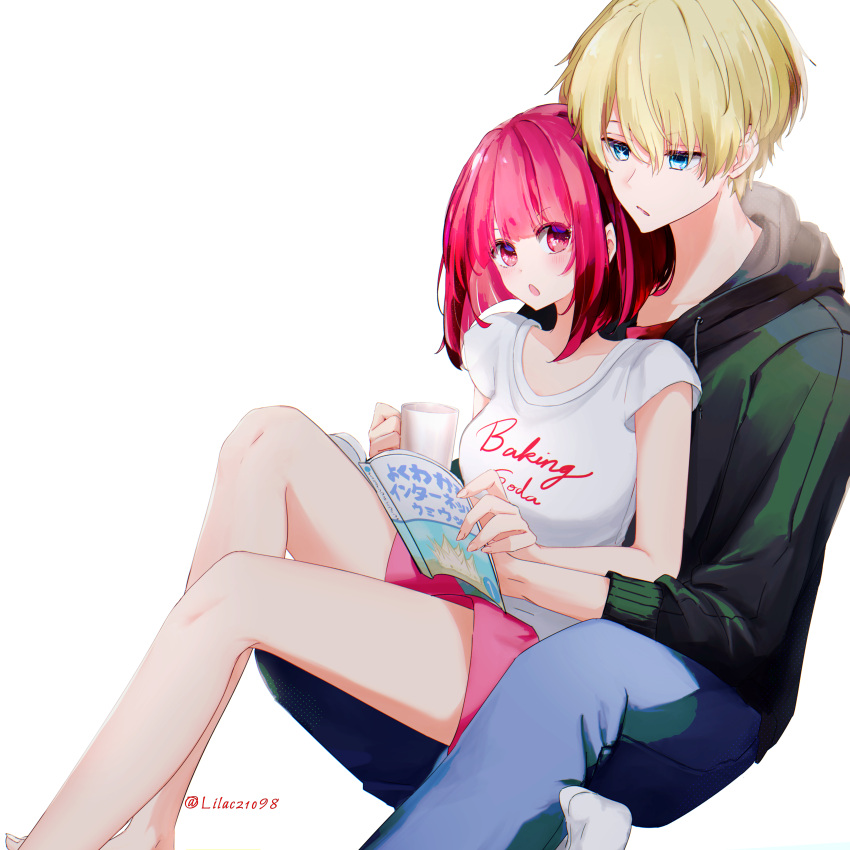 1boy 1girl absurdres arima_kana blonde_hair blue_eyes blush bob_cut book breasts chromatic_aberration commentary couple cup foot_out_of_frame green_hoodie green_pants hair_between_eyes hetero highres holding holding_cup hood hoodie hoshino_aquamarine inverted_bob lilac10 medium_breasts medium_hair mismatched_pupils no_pupils no_shoes open_book open_mouth oshi_no_ko pants parted_lips pink_shorts red_eyes redhead screentones shirt short_hair short_sleeves shorts simple_background sitting socks star-shaped_pupils star_(symbol) symbol-shaped_pupils toenails toes twitter_username white_background white_shirt white_socks