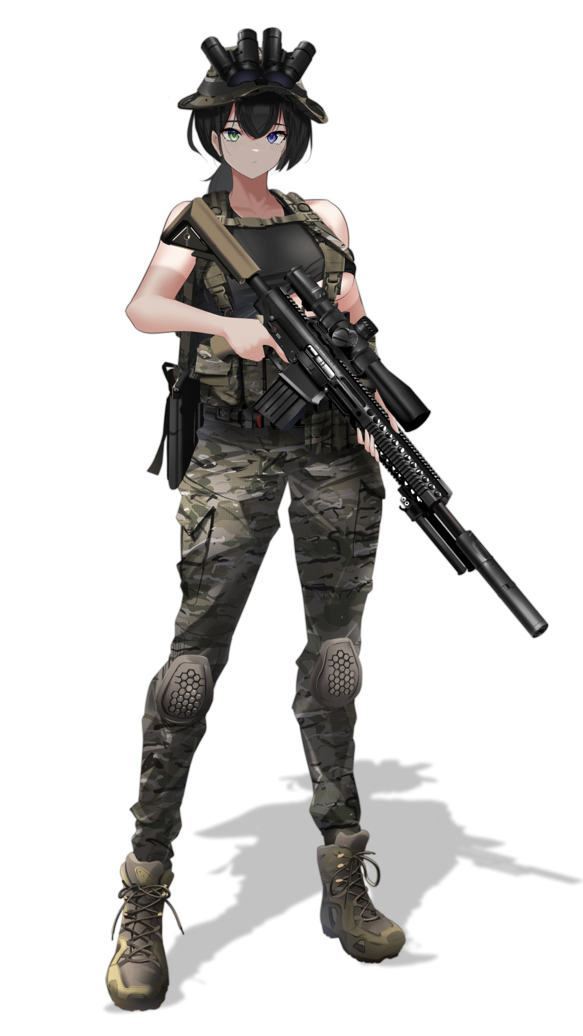 1girl absurdres assault_rifle black_hair boots breasts camouflage camouflage_pants commission designated_marksman_rifle green_eyes gun heterochromia highres knee_pads l129a1 military night_vision_device original pants pixiv_commission ponytail rifle rynn_(rynn_cube) simple_background sniper_rifle solo tactical_clothes tank_top trigger_discipline under_boob violet_eyes weapon white_background