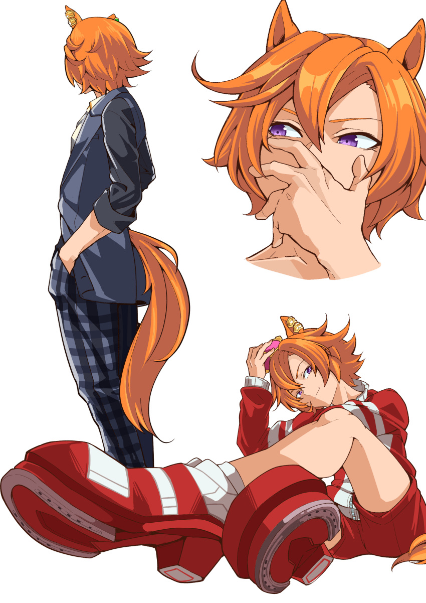 1girl absurdres animal_ears crown dogeyama_um hands_in_pockets highres horse_ears horse_girl horse_tail horseshoe jacket looking_at_viewer looking_to_the_side mini_crown multiple_views orange_hair pants plaid plaid_pants red_footwear red_jacket red_shorts red_track_suit short_hair shorts simple_background solo t.m._opera_o_(umamusume) tail tracen_training_uniform track_jacket umamusume violet_eyes white_background