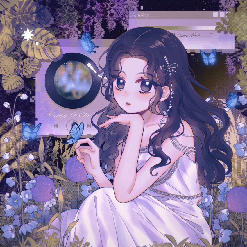 1girl animification black_eyes black_hair blush collarbone dress flower hair_behind_ear highres k-pop kyujin_(nmixx) leaf looking_at_viewer nmixx o_bianyi_didi_shu_o parted_lips party_o'clock_(nmixx) purple_flower real_life sitting solo song_name turntable white_dress window_(computing)