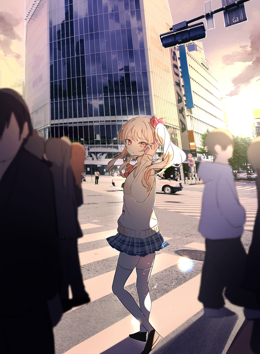 6+others absurdres akiyama_mizuki building car closed_mouth commentary_request crosswalk diagonal-striped_bowtie full_body hand_up highres holding holding_phone hood hood_down hoodie kamiyama_high_school_uniform_(project_sekai) long_hair long_sleeves looking_at_viewer motor_vehicle outdoors phone pink_eyes pink_hair plaid plaid_skirt project_sekai road school_uniform side_ponytail sidelocks sign skirt solo_focus standing street talking_on_phone thigh-highs traffic_light utakapen white_thighhighs