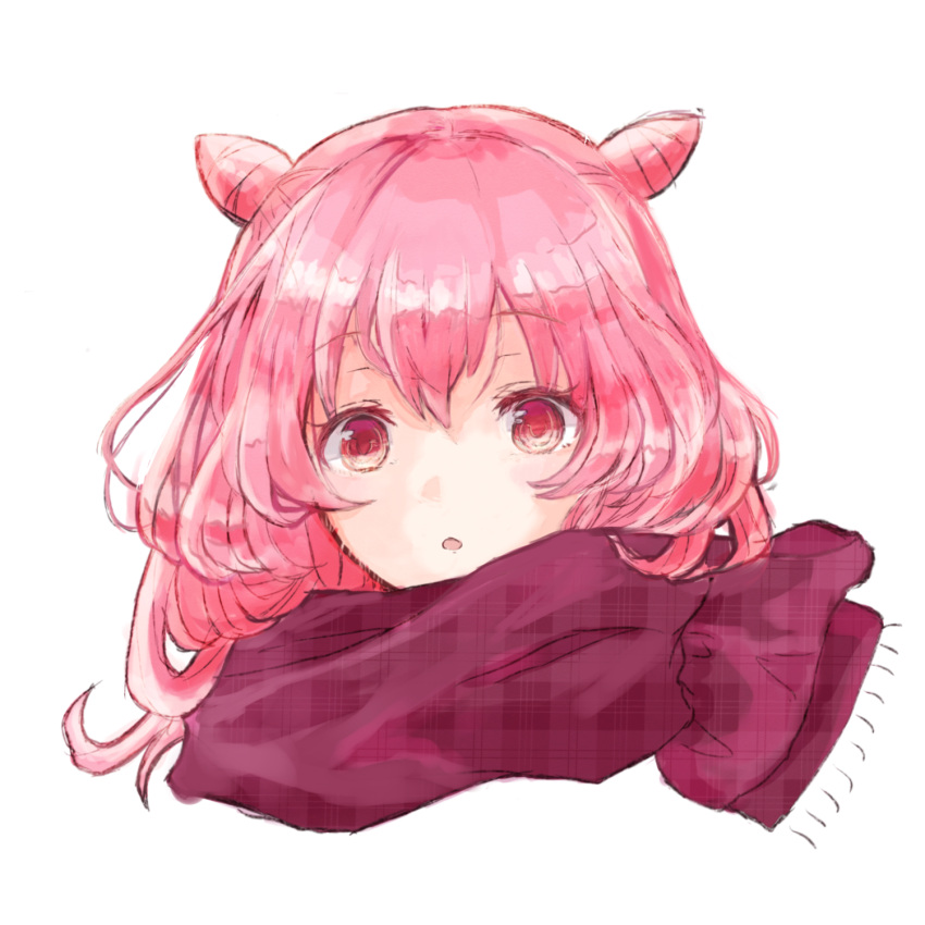 1girl :o akazaki_kokoro blush cropped_head double_bun hair_between_eyes hair_bun highres idoly_pride long_hair looking_at_viewer open_mouth pink_eyes pink_hair plaid plaid_scarf purple_scarf raised_eyebrows sakaki_ip scarf sidelocks simple_background solo straight-on white_background