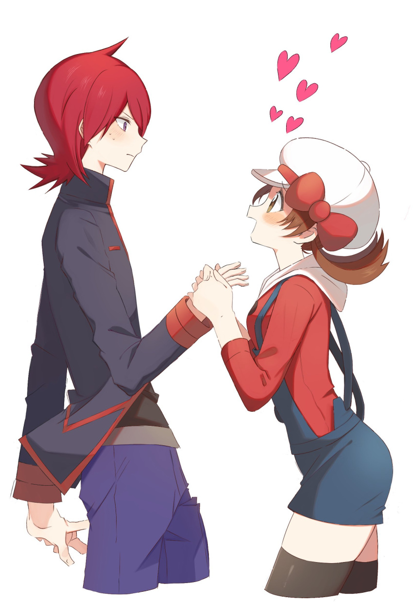 1boy 1girl :d blush brown_eyes brown_hair closed_mouth commentary_request cowlick eye_contact from_side grey_jacket hat heart highres jacket long_hair long_sleeves looking_at_another lyra_(pokemon) nasakixoc open_mouth overalls pants pokemon pokemon_(game) pokemon_hgss purple_pants red_shirt redhead shirt silver_(pokemon) smile sweat thigh-highs white_background white_headwear