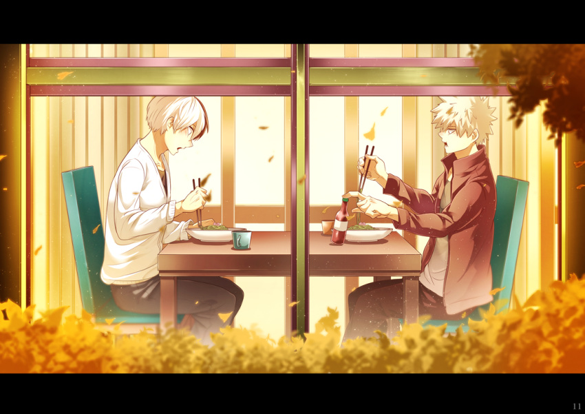 2boys 5_(toriaezu555) bakugou_katsuki black_pants blonde_hair blurry blurry_foreground boku_no_hero_academia bottle brown_shirt bush chair chopsticks collarbone collared_jacket commentary_request cup eating food hair_between_eyes hand_up hands_up holding holding_chopsticks hot_sauce indoors jacket letterboxed long_sleeves looking_down male_focus mug multicolored_hair multiple_boys on_chair open_clothes open_jacket open_mouth pants plate profile red_eyes red_jacket redhead shirt short_hair sitting spiky_hair split-color_hair sweater table teeth through_window todoroki_shouto two-tone_hair undershirt v-neck white_hair white_sweater window