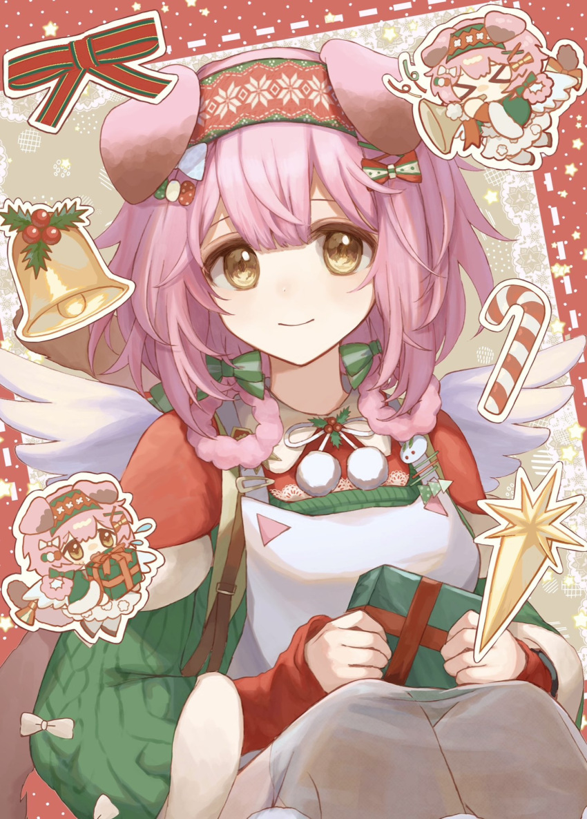 &gt;_&lt; 1girl animal_ears apron arknights asahi_(abc123lkb) bell blush bow candy candy_cane capelet cat_ears cat_girl chibi christmas commentary fake_wings food full_body gift goldenglow_(arknights) goldenglow_(night_loving_servant)_(arknights) green_bow green_sweater hair_between_eyes hair_bow hair_rings headband highres holding holding_gift instrument long_sleeves looking_at_viewer multiple_views music patterned_background pink_hair playing_instrument pom_pom_(clothes) red_background red_capelet red_headband ribbed_sweater ribbon scottish_fold see-through see-through_legwear short_hair sidelocks smile star_(symbol) sweater trumpet upper_body wings yellow_eyes