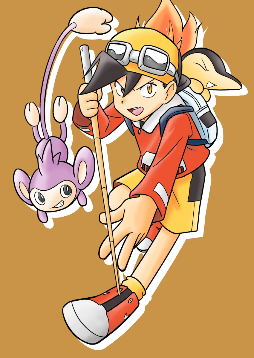 1boy aipom backpack backwards_hat bag black_hair brown_background cue_stick cyndaquil drop_shadow ethan_(pokemon) full_body hat highres holding_cue_stick jacket long_sleeves male_focus open_mouth pokemon pokemon_(creature) pokemon_adventures red_footwear red_jacket sawa_(soranosawa) shorts teeth upper_teeth_only white_bag yellow_eyes yellow_headwear yellow_shorts