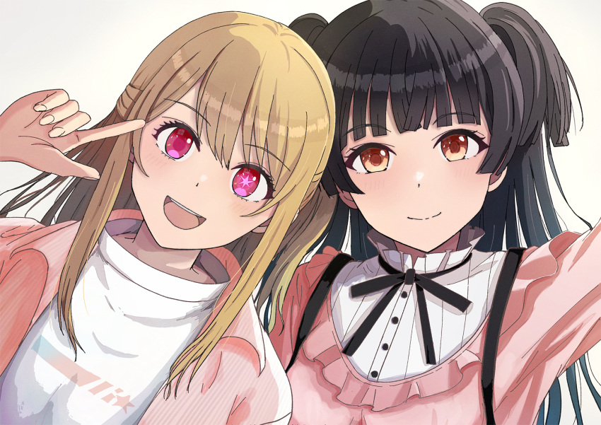 2girls :d black_hair black_ribbon blonde_hair blunt_ends blush closed_mouth commentary_request crossover double_bogey dress frilled_dress frills hair_between_eyes hoshino_ruby idolmaster idolmaster_shiny_colors jacket jirai_kei long_hair looking_at_viewer mayuzumi_fuyuko multiple_girls neck_ribbon no_pupils one_side_up open_clothes open_jacket open_mouth orange_eyes oshi_no_ko pink_dress pink_jacket pointing pointing_at_self ribbon selfie sidelocks simple_background smile star-shaped_pupils star_(symbol) sweater symbol-shaped_pupils teeth two_side_up upper_body upper_teeth_only white_background white_sweater