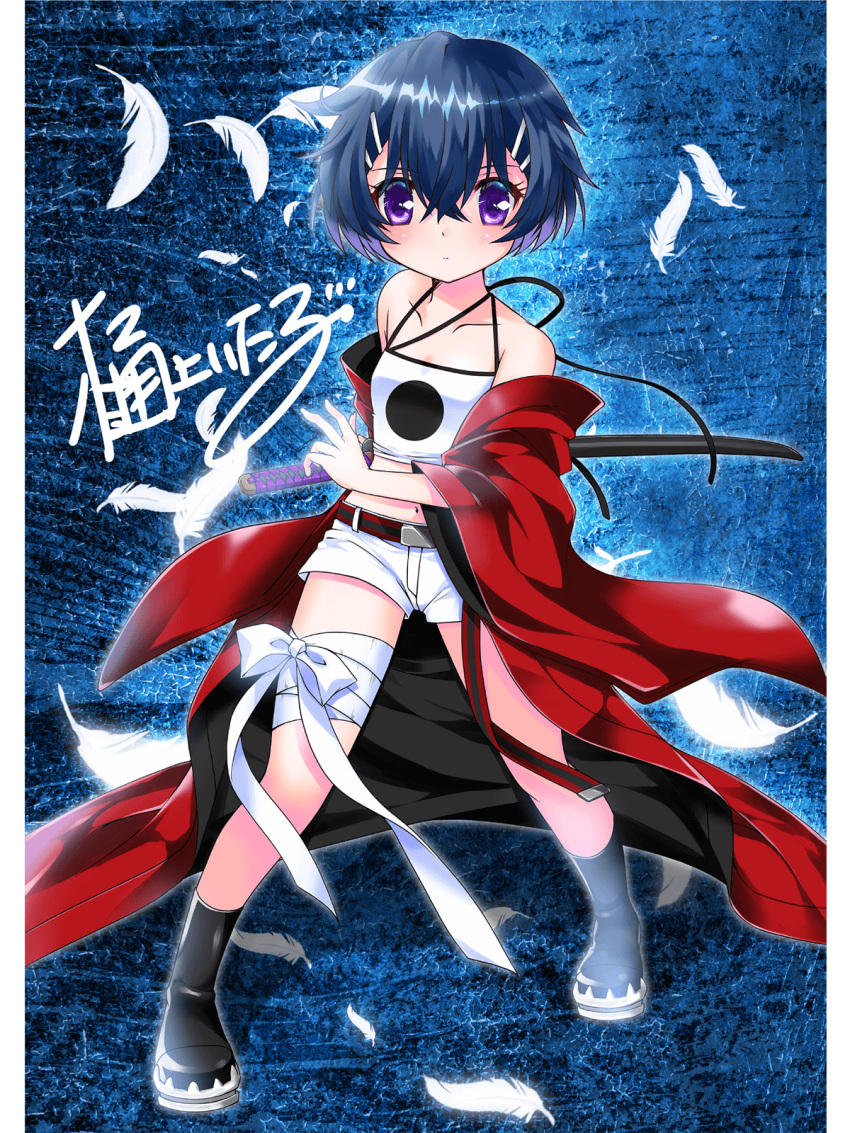 1girl bandaged_leg bandages black_hair breasts camisole commentary english_commentary engrish_commentary feathers fighting_stance hair_ornament hairclip highres hinoue_itaru holding holding_sword holding_weapon katana kuden midriff petite red_robe robe short_hair short_shorts shorts signature small_breasts solo spaghetti_strap sword violet_eyes weapon white_camisole white_feathers white_shorts