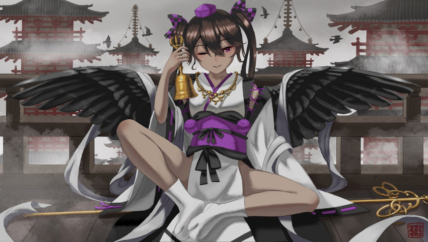 1girl aoiueo12 bell bird_wings blush brown_hair clouds cloudy_sky cross-laced_clothes feathered_wings full_body grey_sky hair_between_eyes hat highres himekaidou_hatate holding japanese_clothes kourindou_tengu_costume looking_at_viewer official_alternate_costume one_eye_closed pelvic_curtain purple_headwear ribbon-trimmed_sleeves ribbon_trim sitting sky smile socks solo staff thighs tokin_hat touhou towel twintails violet_eyes white_socks wide_sleeves wings