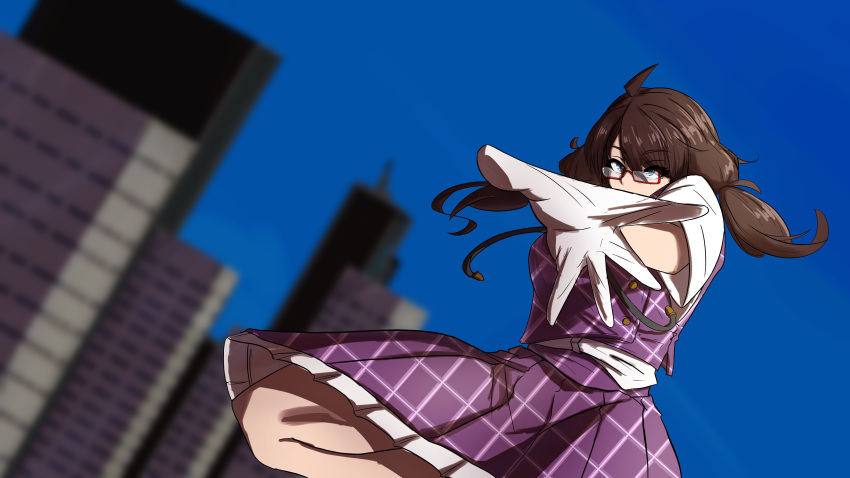 1girl absurdres blue_sky brown_eyes brown_hair building cityscape commentary_request gloves highres looking_at_viewer looking_back low_twintails medium_hair no_headwear outdoors plaid plaid_skirt plaid_vest purple_skirt purple_vest red-framed_eyewear semi-rimless_eyewear short_sleeves skirt sky skyscraper solo strong_anus touhou twintails under-rim_eyewear usami_sumireko vest white_gloves