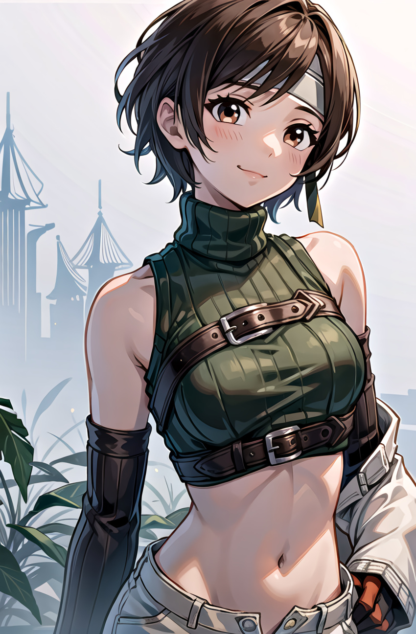 1girl absurdres arm_warmers belly belt blush breasts brown_eyes brown_hair cropped_sweater final_fantasy final_fantasy_vii final_fantasy_vii_remake gloves green_sweater hand_on_own_hip headband highres lips looking_at_viewer navel popped_button shiny_clothes short_hair simple_background single_arm_warmer sleeveless sleeveless_turtleneck small_breasts smile solo sweater tanuki2022 tomboy turtleneck white_headband yuffie_kisaragi
