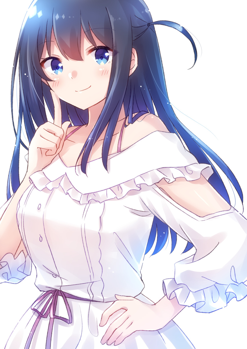 1girl absurdres arm_cutout bare_shoulders black_hair blue_eyes blush center_frills closed_mouth collarbone cowboy_shot dress finger_to_cheek frilled_dress frills hair_between_eyes hand_on_own_hip hand_up highres idoly_pride index_finger_raised long_hair nagase_mana nyaa_(nnekoron) off-shoulder_dress off_shoulder one_side_up purple_ribbon raised_eyebrows ribbon sidelocks simple_background smile solo straight_hair waist_ribbon white_background white_dress