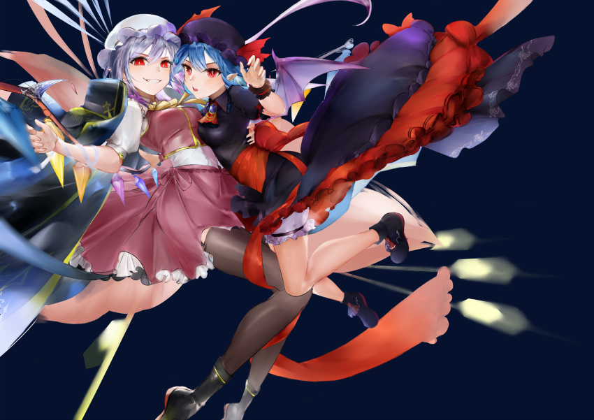 2girls bat_wings black_background black_cape black_dress black_footwear black_thighhighs bloomers blue_hair cape commentary crystal dress ekater flandre_scarlet flandre_scarlet_(vampire_pursuing_the_hunter) full_body grey_hair hat hat_ribbon highres mob_cap multiple_girls pointy_ears red_eyes red_ribbon red_skirt remilia_scarlet remilia_scarlet_(tiny_devil_mistress) ribbon siblings simple_background sisters skirt smile thigh-highs touhou touhou_lost_word underwear white_headwear wings wrist_cuffs