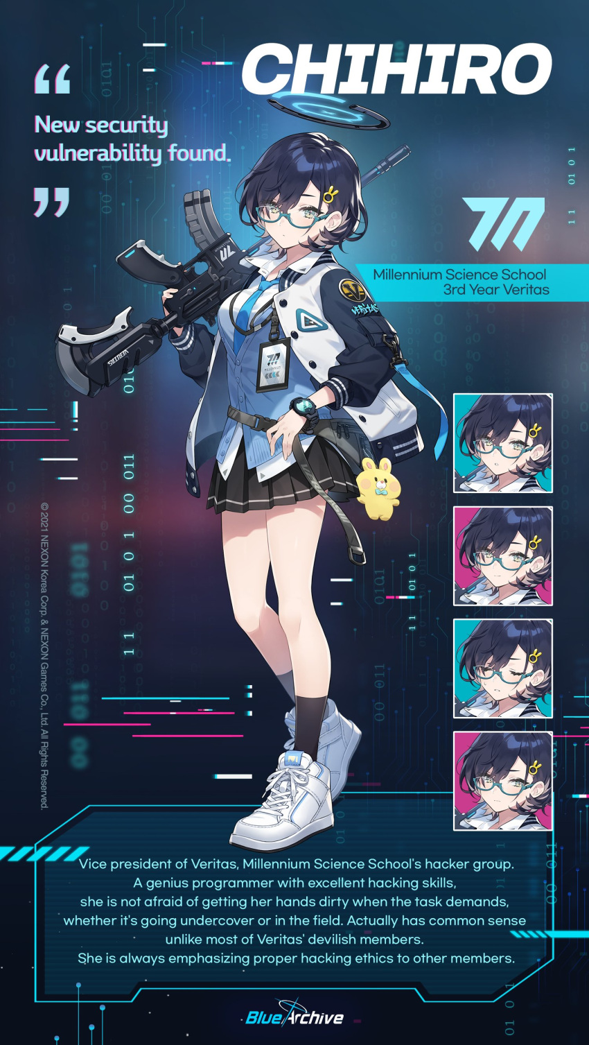 1girl absurdres aqua-framed_eyewear assault_rifle black_skirt blue-framed_eyewear blue_archive blue_necktie blue_sweater_vest breasts chihiro_(blue_archive) closed_eyes closed_mouth expressions full_body glasses gun h&amp;k_hk416 hair_ornament hairclip halo heart highres holding holding_gun holding_weapon id_card jacket large_breasts logo necktie ni02_(asahi_nini) official_art open_clothes open_jacket pleated_skirt rabbit_hair_ornament rifle school_uniform semi-rimless_eyewear shirt shoes short_hair skirt sneakers socks sweat sweater_vest watch watch weapon white_footwear white_shirt