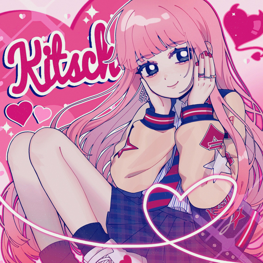 1girl animification black_skirt black_socks blue_jacket blunt_bangs blush brown_jacket hair_behind_ear hands_on_own_cheek heart highres ive_(group) jacket jewelry k-pop kitsch_(ive) letterman_jacket long_hair mole mole_above_mouth multiple_rings necktie o_bianyi_didi_shu_o plaid plaid_skirt real_life red_nails rei_(ive) ring shoes skirt smile sneakers socks solo song_name star_(symbol) striped_necktie unmoving_pattern very_long_hair white_footwear