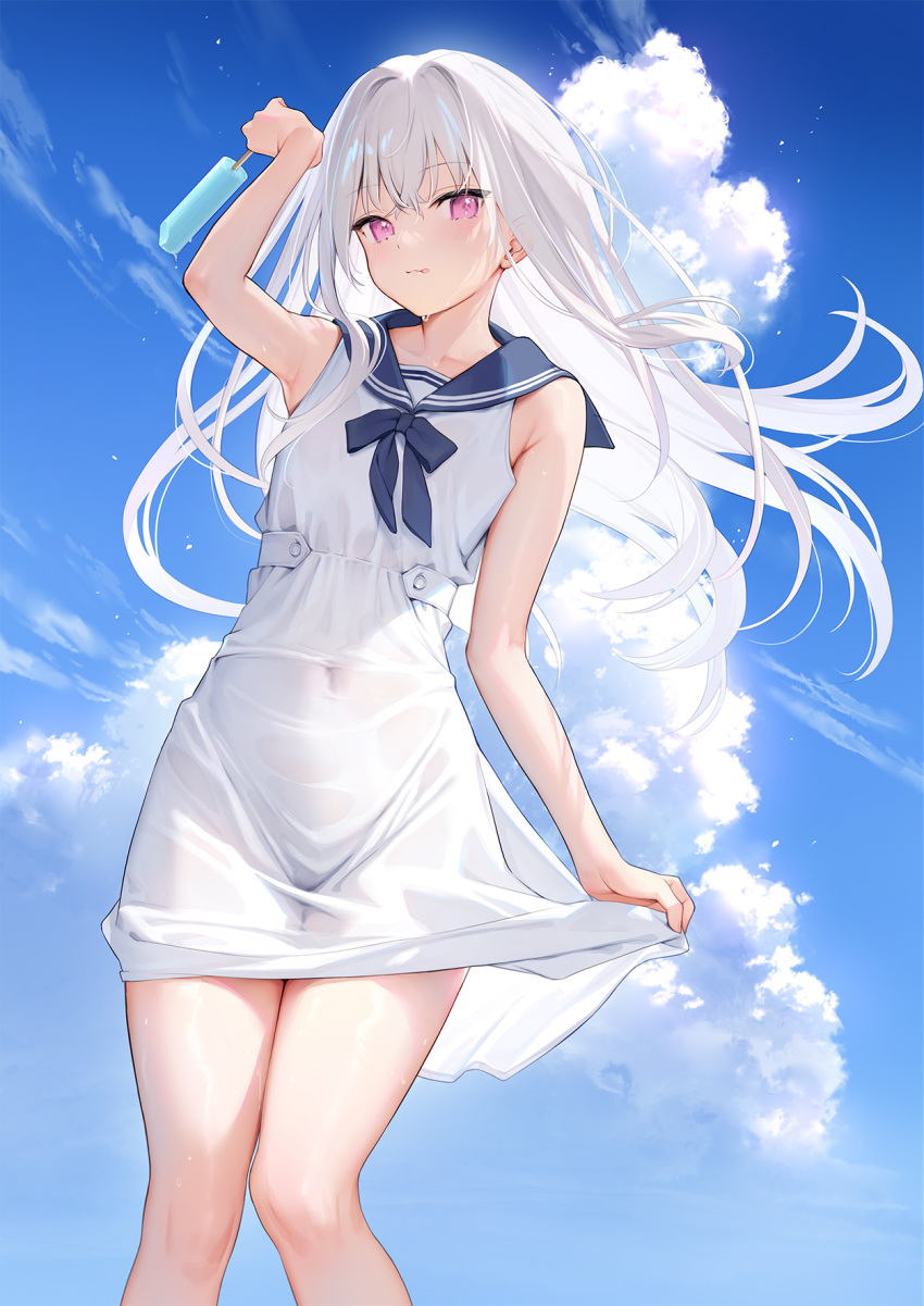 1girl armpits bare_arms bare_shoulders blue_sky closed_mouth clouds collarbone commentary_request covered_navel dress food highres holding holding_food holding_popsicle long_hair looking_at_viewer mignon original outdoors popsicle sky sleeveless smile solo standing thighs violet_eyes white_dress white_hair