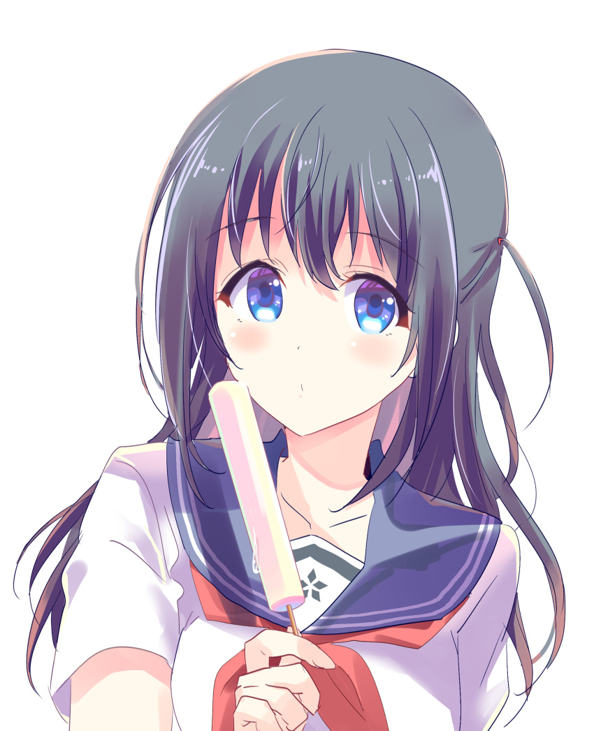 1girl absurdres arm_at_side black_hair black_sailor_collar blue_eyes blush breasts collarbone dot_nose food hair_between_eyes highres holding holding_food holding_popsicle idoly_pride incoming_food long_hair looking_at_viewer medium_breasts nagase_mana neckerchief one_side_up popsicle puckered_lips raised_eyebrows red_neckerchief sabi_(sabilder) sailor_collar school_uniform serafuku shirt short_sleeves sidelocks simple_background solo straight_hair upper_body white_background white_shirt