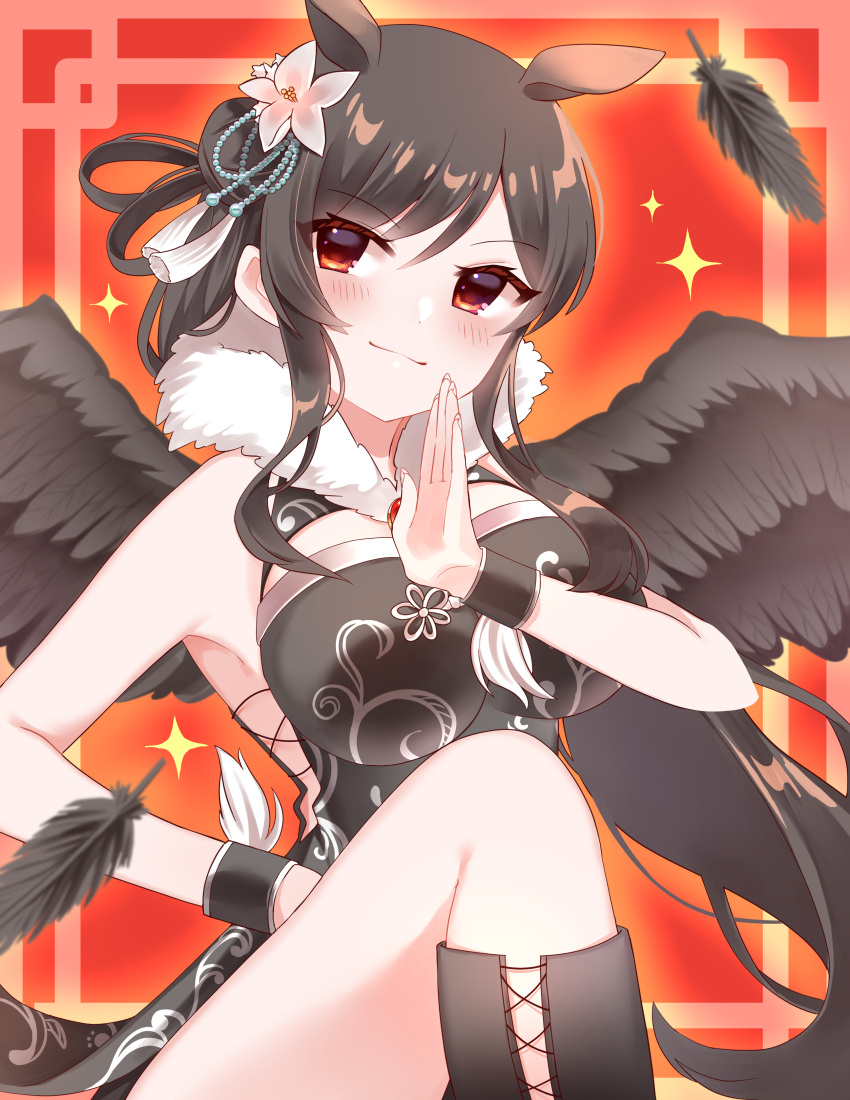 1girl absurdres animal_ears bare_shoulders black_dress black_hair blush boots breasts china_dress chinese_clothes cleavage_cutout clothing_cutout dress feathers flower fur_collar hair_flower hair_ornament highres horse_ears horse_girl kurokoma_saki milll_77 official_alternate_costume pegasus_wings red_eyes smile solo touhou touhou_lost_word wily_beast_and_weakest_creature